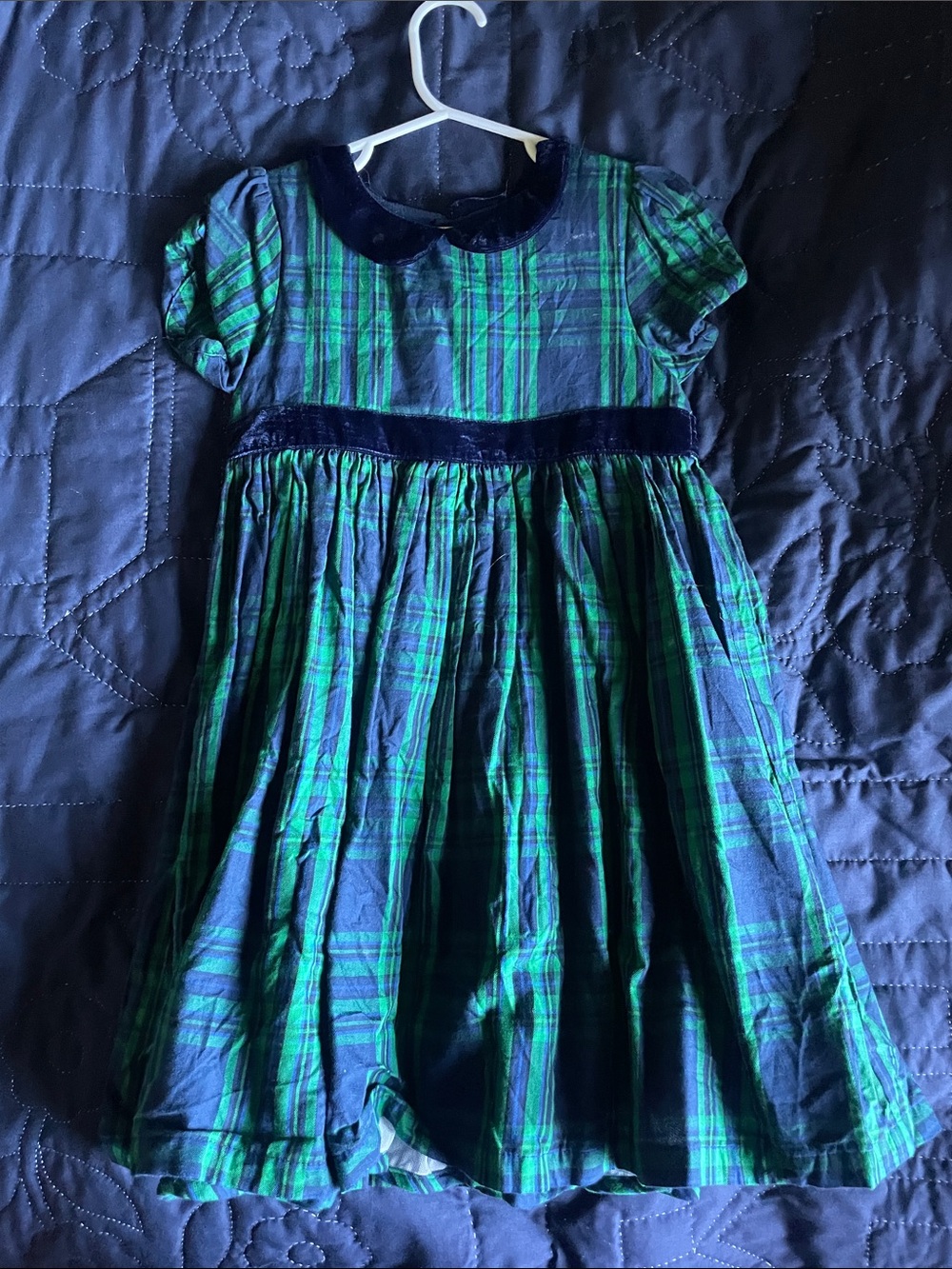 JoJo Maman Bebe Green and Navy Plaid Velvet-Trim Dress